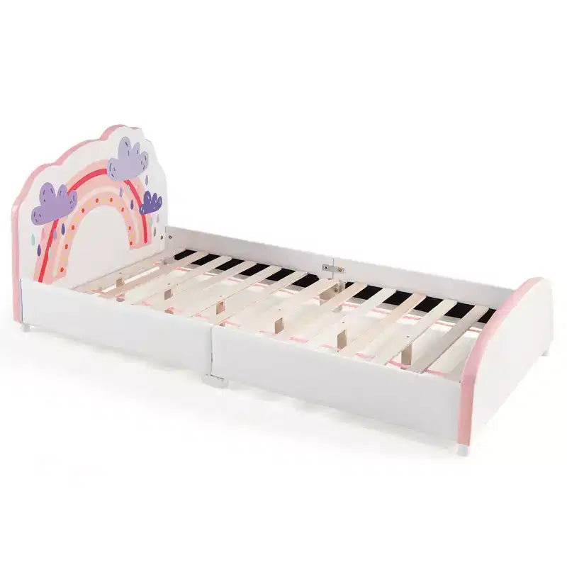 Kids Upholstered Platform Bed, Children Twin Size Wooden Bed with Rainbow Pattern