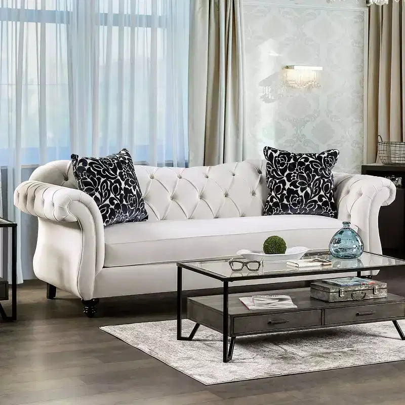 Button Tufted Velvet Sofa, 3-Seater with Wood Frame and Black Legs