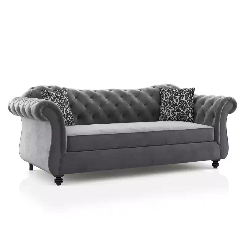 Button Tufted Velvet Sofa, 3-Seater with Wood Frame and Black Legs