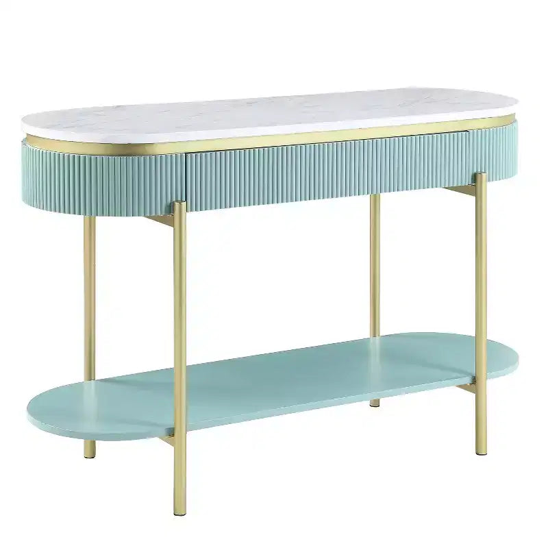 Faux Marble Sofa Table with Drawer, Gold Metal Frame, 48"