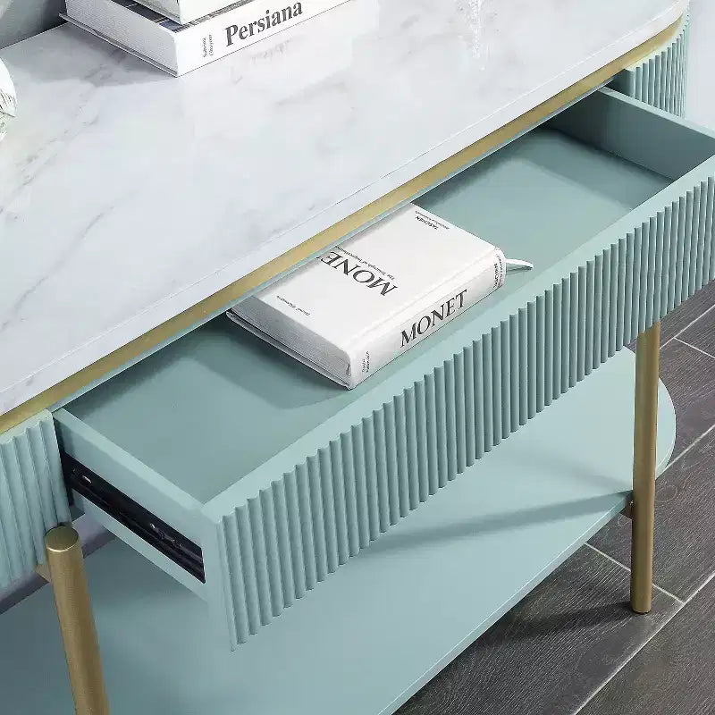 Faux Marble Sofa Table with Drawer, Gold Metal Frame, 48"