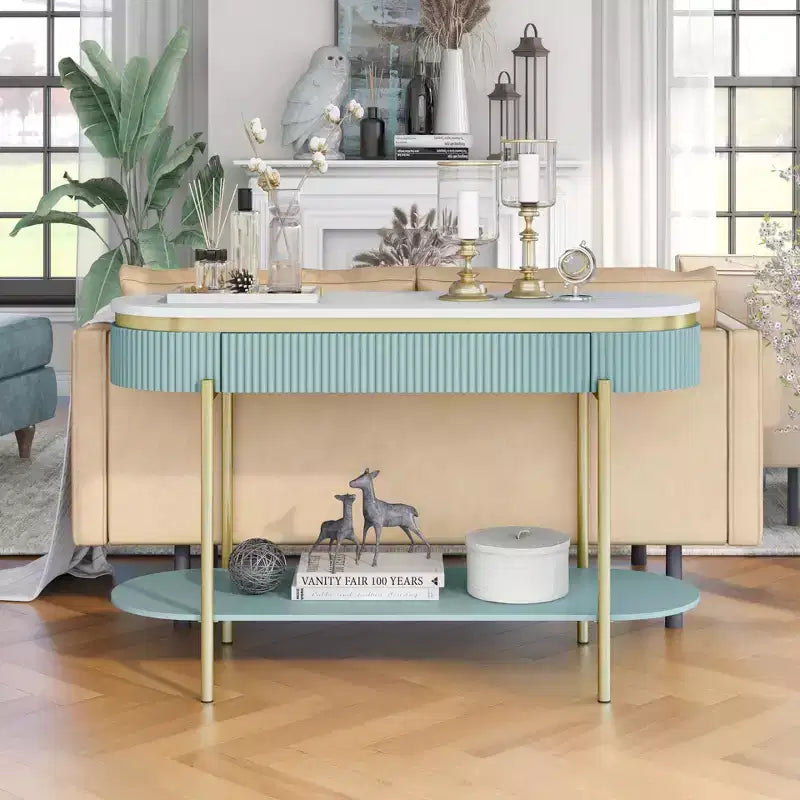 Faux Marble Sofa Table with Drawer, Gold Metal Frame, 48"