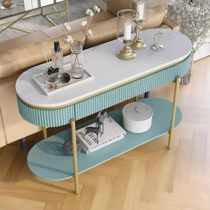 Faux Marble Sofa Table with Drawer, Gold Metal Frame, 48"
