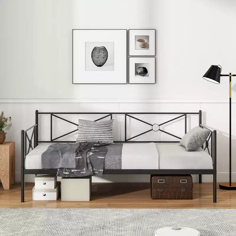 Twin Metal Daybed Frame with Slats, Classic Mattress Foundation Bed Sofa - White/Black