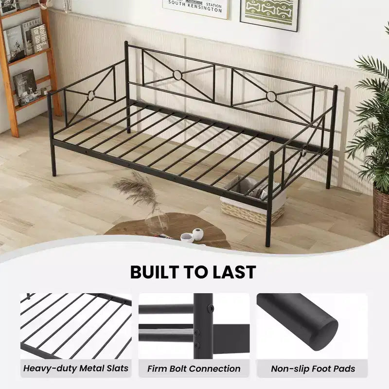 Twin Metal Daybed Frame with Slats, Classic Mattress Foundation Bed Sofa - White/Black
