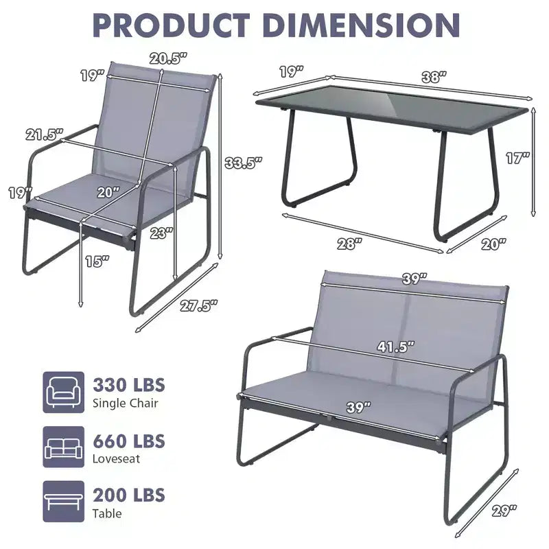 Costway 4-delars metallmöbelset för uteplatsen med konversationsbord, utomhusbruk och trädgård