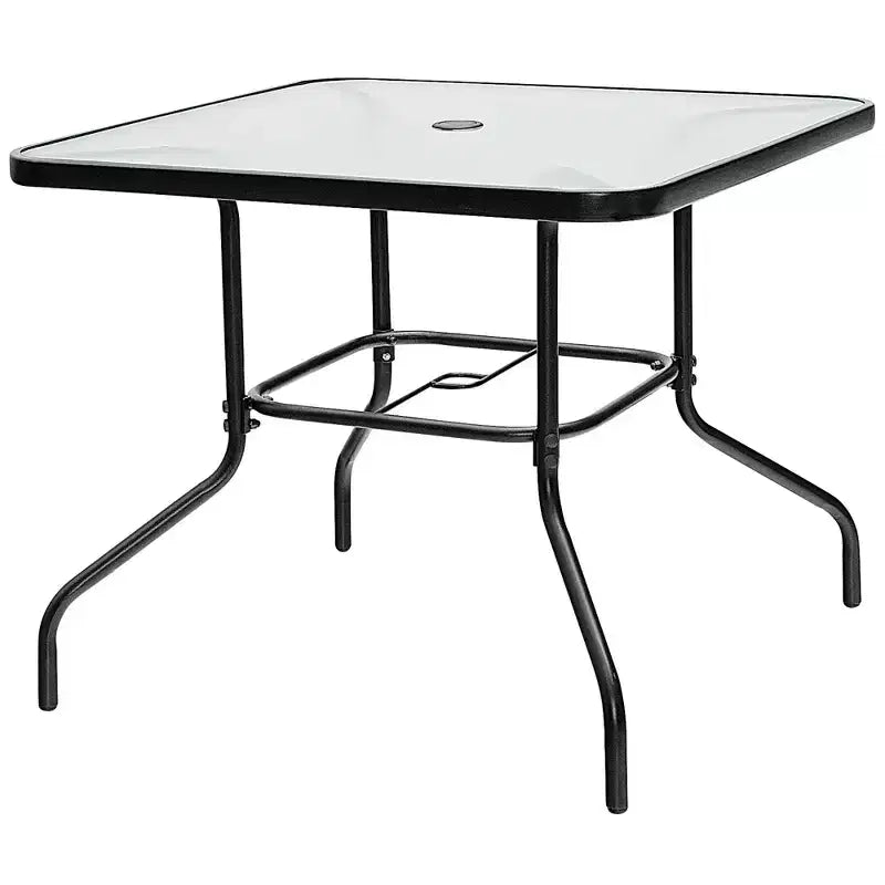 Conjunto de comedor para patio de 6 piezas Costway, sillas apilables acolchadas, mesa de vidrio con sombrilla