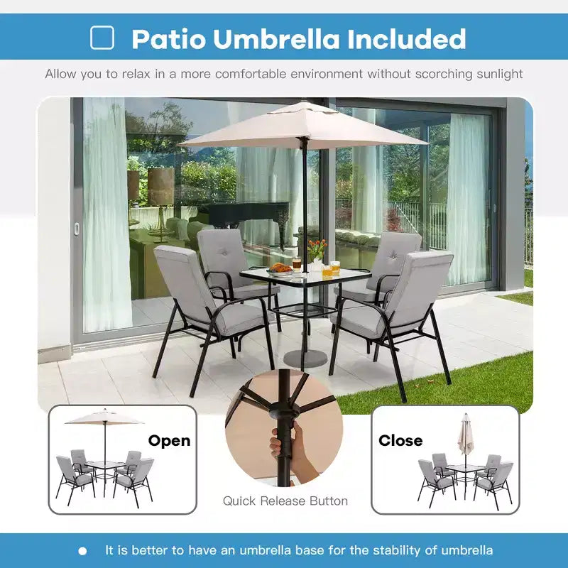 Conjunto de comedor para patio de 6 piezas Costway, sillas apilables acolchadas, mesa de vidrio con sombrilla