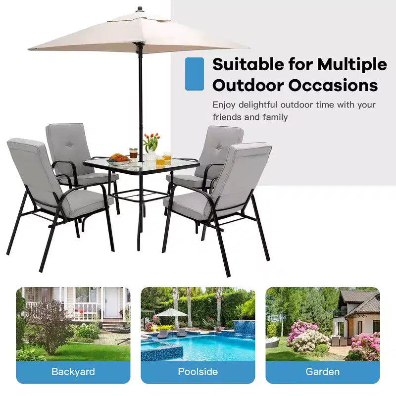 Conjunto de comedor para patio de 6 piezas Costway, sillas apilables acolchadas, mesa de vidrio con sombrilla