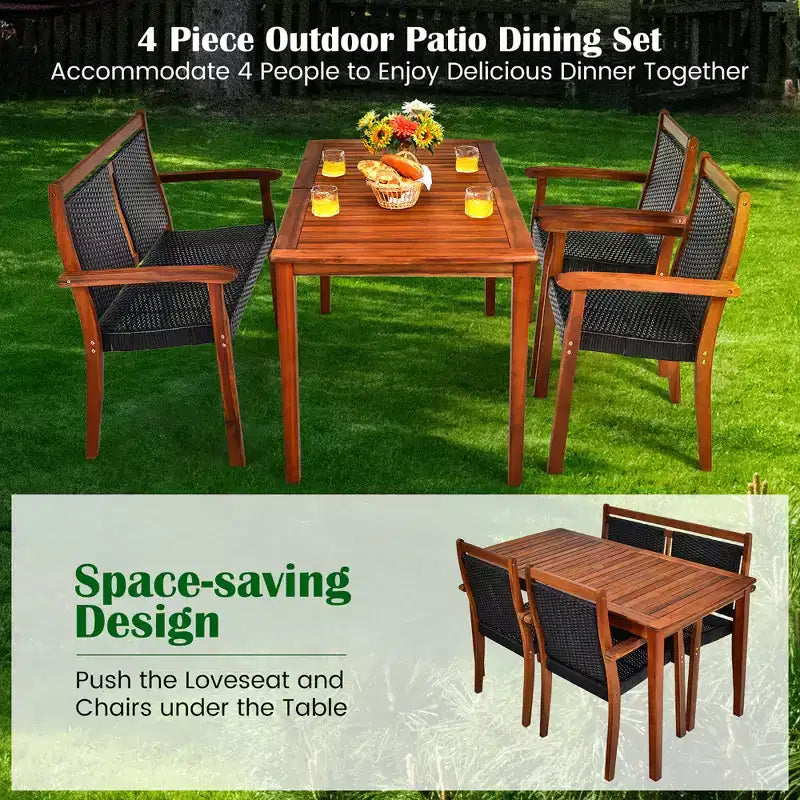 Costway 4PCS Patio Rattan Dining Furniture Set Acacia Wood Frame Stackable Chair Loveseat
