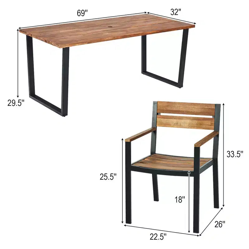 Juego patentado de mesa y sillas de comedor para patio de 7 piezas Costway, de madera de acacia, para jardín, con orificio para sombrilla