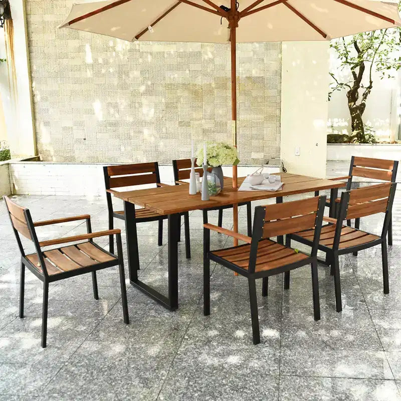 Juego patentado de mesa y sillas de comedor para patio de 7 piezas Costway, de madera de acacia, para jardín, con orificio para sombrilla
