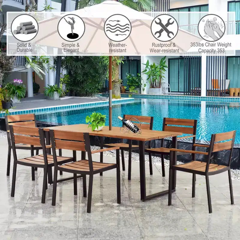 Juego patentado de mesa y sillas de comedor para patio de 7 piezas Costway, de madera de acacia, para jardín, con orificio para sombrilla