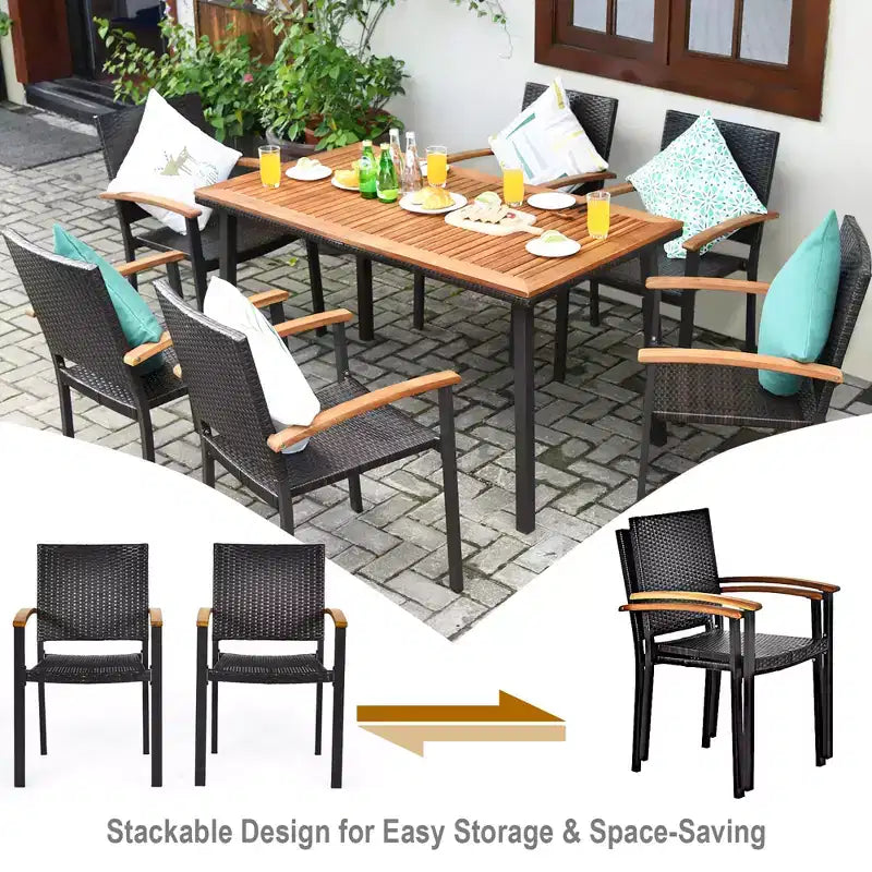 Juego de comedor de ratán para patio de 7 piezas Costway, con tablero de mesa de madera de acacia y sillas apilables