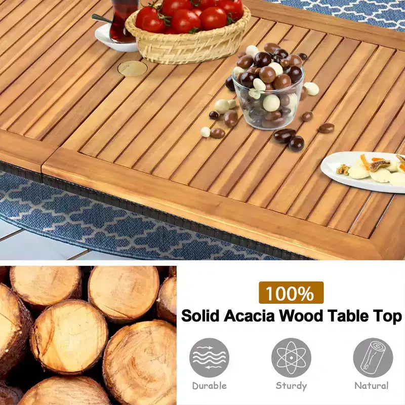 Juego de comedor de ratán para patio de 7 piezas Costway, con tablero de mesa de madera de acacia y sillas apilables