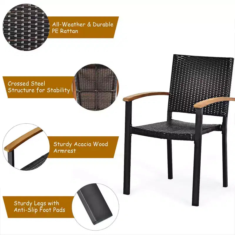 Juego de comedor de ratán para patio de 7 piezas Costway, con tablero de mesa de madera de acacia y sillas apilables