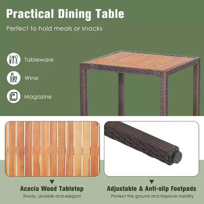 Juego de comedor de mimbre para patio de 3 piezas Costway, tablero de mesa de madera de acacia con sillas acolchadas para jardín