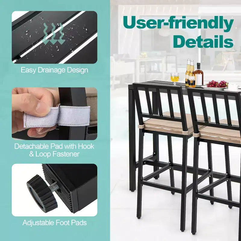 Conjunto de mesa de comedor para patio Costway de 3 piezas, con mesa de bar y sillas de metal, con cojín