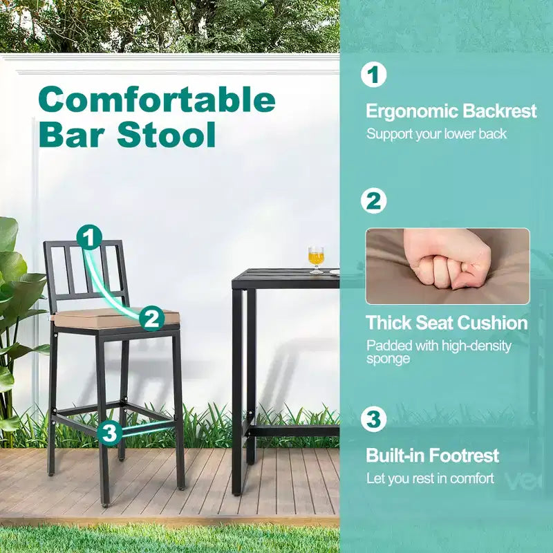 Conjunto de mesa de comedor para patio Costway de 3 piezas, con mesa de bar y sillas de metal, con cojín
