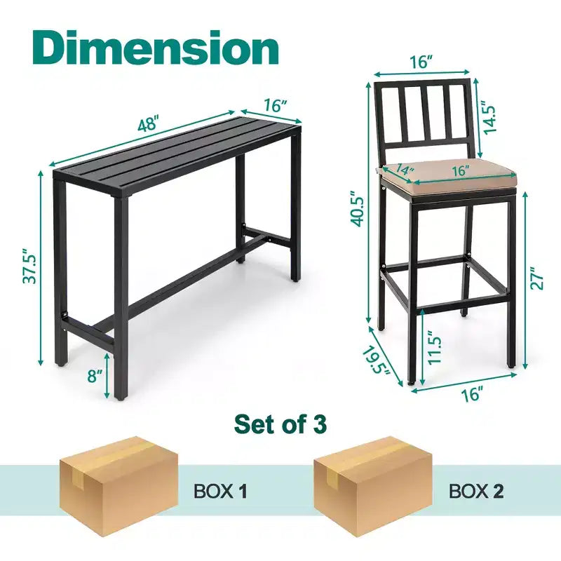 Juego de mesa y sillas de bar de metal para exterior Costway, de 3 piezas, juego de mesa de comedor de patio con cojín