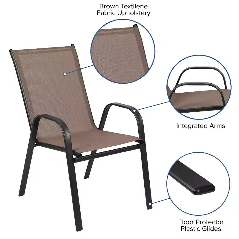 Emma and Oliver Temperli Cam Üst Tablalı Kare Metal İskeletli Masa ve İki Flex Comfort İstiflenebilir Sandalyeden Oluşan Üç Parçalı Teras Masa Takımı