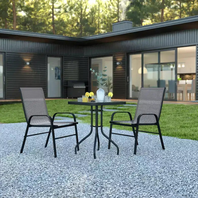 Emma and Oliver Temperli Cam Üst Tablalı Kare Metal İskeletli Masa ve İki Flex Comfort İstiflenebilir Sandalyeden Oluşan Üç Parçalı Teras Masa Takımı