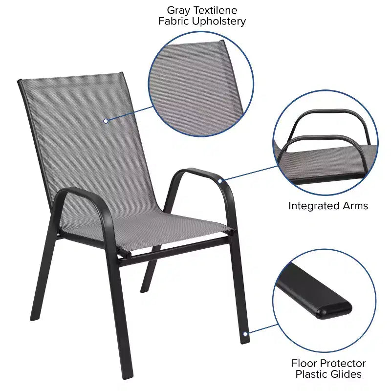 Emma and Oliver Temperli Cam Üst Tablalı Kare Metal İskeletli Masa ve İki Flex Comfort İstiflenebilir Sandalyeden Oluşan Üç Parçalı Teras Masa Takımı