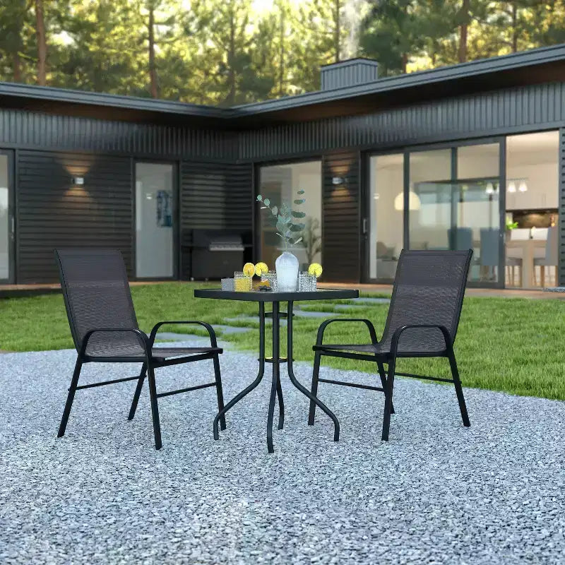 Emma and Oliver Temperli Cam Üst Tablalı Kare Metal İskeletli Masa ve İki Flex Comfort İstiflenebilir Sandalyeden Oluşan Üç Parçalı Teras Masa Takımı