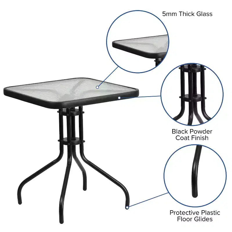 Emma and Oliver Temperli Cam Üst Tablalı Kare Metal İskeletli Masa ve İki Flex Comfort İstiflenebilir Sandalyeden Oluşan Üç Parçalı Teras Masa Takımı