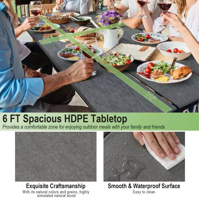 Costway 1,83 m Picknicktisch-Bank-Set für den Außenbereich, strapazierfähiger HDPE-Tisch für 6–8 Personen, Braun/Grau