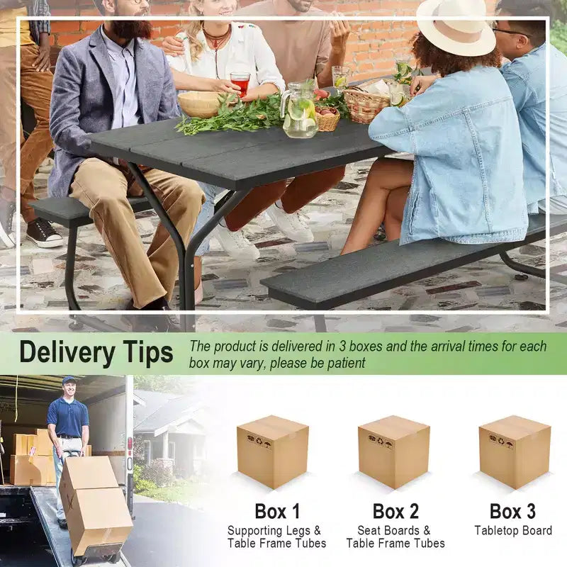 Costway 1,83 m Picknicktisch-Bank-Set für den Außenbereich, strapazierfähiger HDPE-Tisch für 6–8 Personen, Braun/Grau