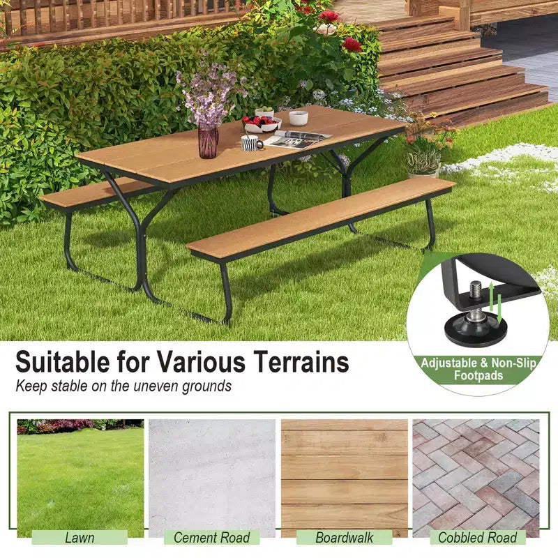 Costway 1,83 m Picknicktisch-Bank-Set für den Außenbereich, strapazierfähiger HDPE-Tisch für 6–8 Personen, Braun/Grau
