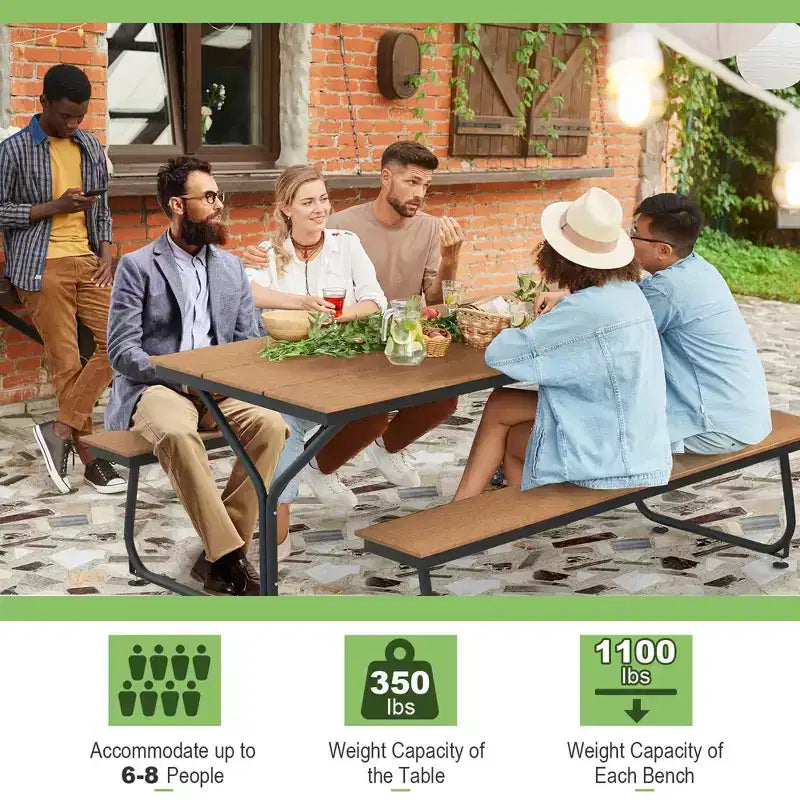 Costway 1,83 m Picknicktisch-Bank-Set für den Außenbereich, strapazierfähiger HDPE-Tisch für 6–8 Personen, Braun/Grau