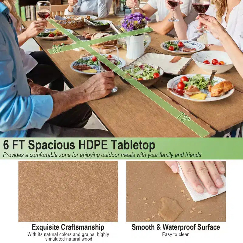 Costway 1,83 m Picknicktisch-Bank-Set für den Außenbereich, strapazierfähiger HDPE-Tisch für 6–8 Personen, Braun/Grau