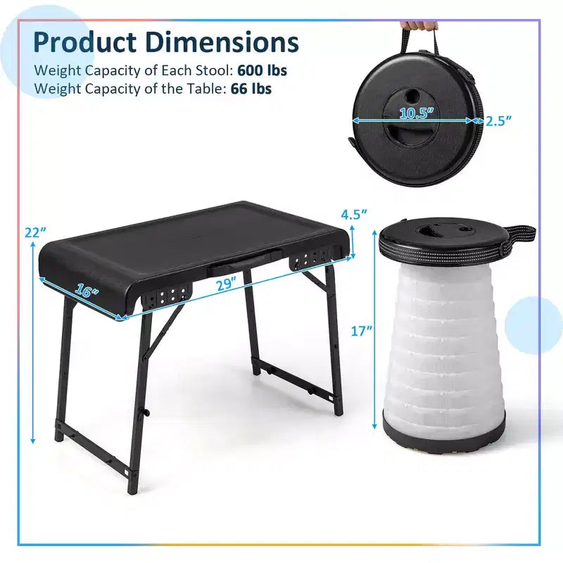 Costway: conjunto plegable de mesa y taburetes de 3 piezas con mesa de camping y 2 taburetes LED retráctiles