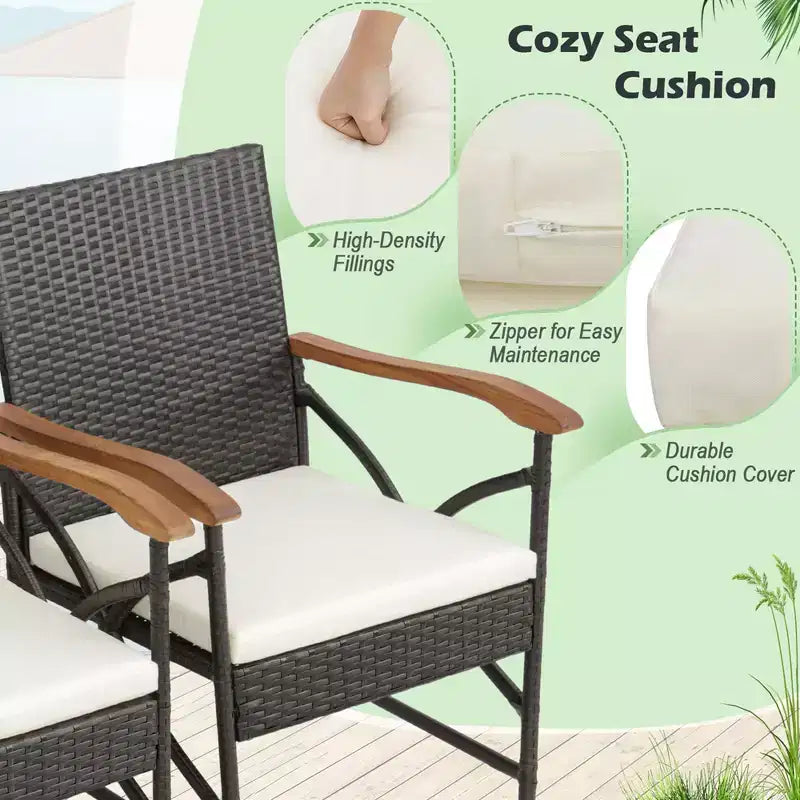 Juego de comedor de patio de mimbre Costway de 5 piezas, con sillones acolchados y mesa de madera de acacia con orificio para sombrilla