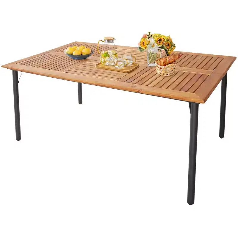 Costway 5 piezas: conjunto de comedor de mimbre para patio con cojines, sillones de madera de acacia y mesa con orificio para sombrilla