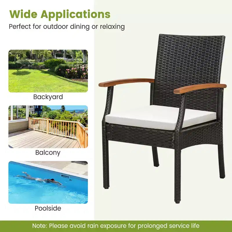 Costway 5 piezas: conjunto de comedor de mimbre para patio con cojines, sillones de madera de acacia y mesa con orificio para sombrilla