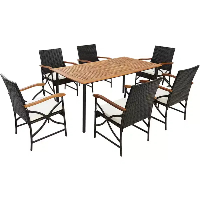 Costway set da pranzo da giardino in vimini da 7 pezzi con cuscini, braccioli in legno di acacia e tavolo con foro per ombrellone