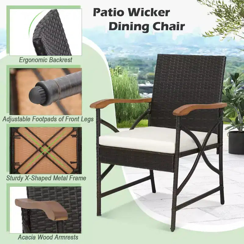 Costway set da pranzo da giardino in vimini da 7 pezzi con cuscini, braccioli in legno di acacia e tavolo con foro per ombrellone