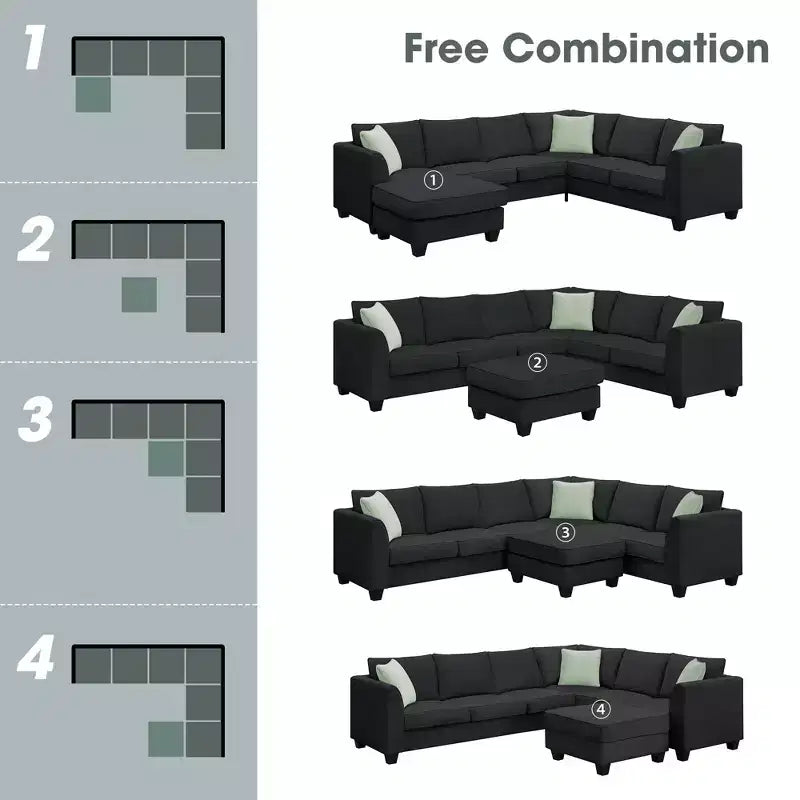 Modular Sectional Sofa 7 Seats with Ottoman L Shape Fabric Sofa Corner Couch Set with 3 Pillows-ModernLuxe