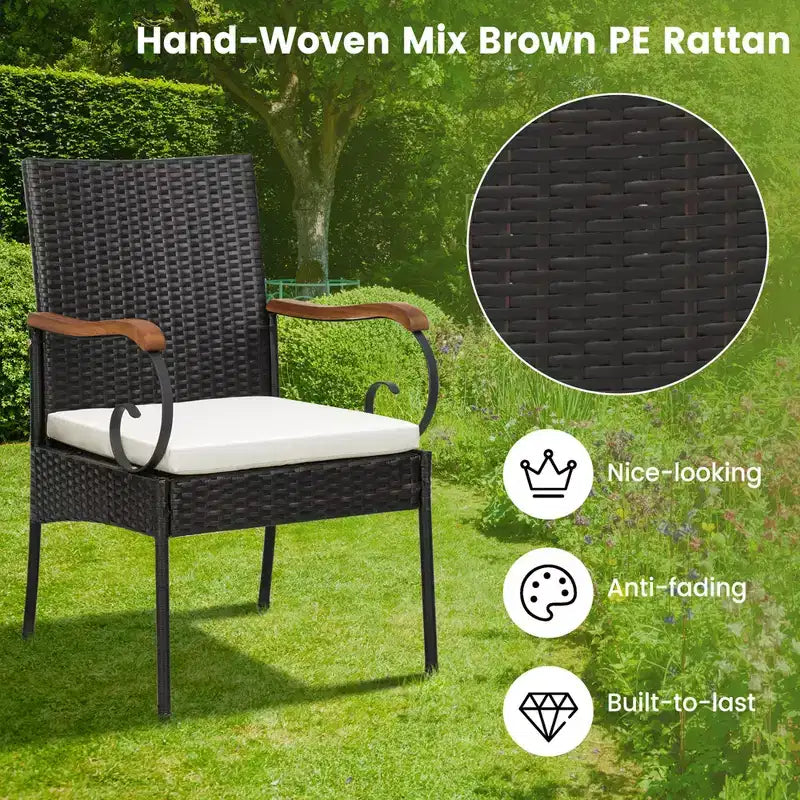 Conjunto de comedor de ratán para patio de 5 piezas Costway, mesa de madera de acacia y 4 sillas de mimbre con orificio para sombrilla