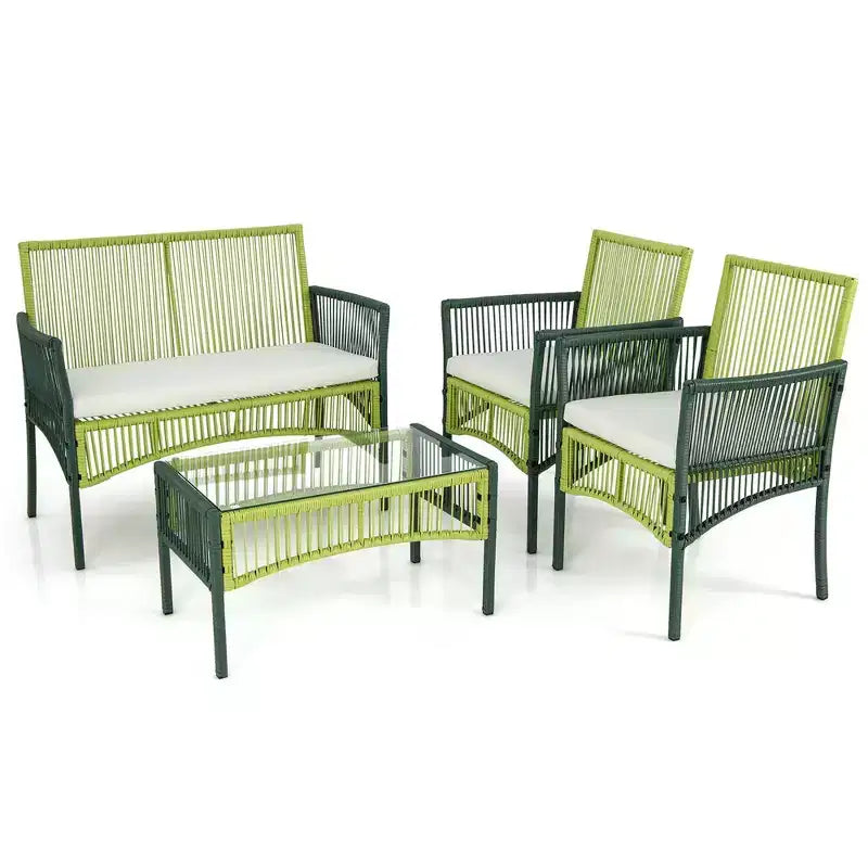 Costway 4PCS/8PCS ronde gesprekset voor de patio van vlechtwerk met kussens en bijzettafel van gehard glas