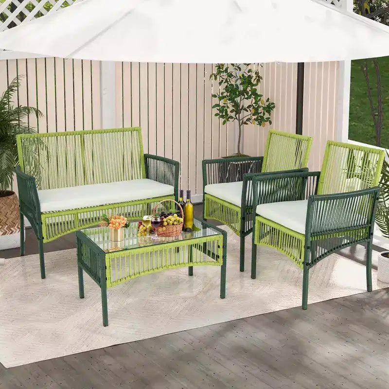Costway 4PCS/8PCS ronde gesprekset voor de patio van vlechtwerk met kussens en bijzettafel van gehard glas