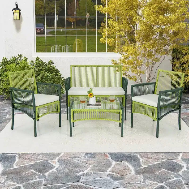 Costway 4PCS/8PCS ronde gesprekset voor de patio van vlechtwerk met kussens en bijzettafel van gehard glas