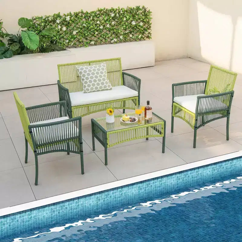 Costway 4PCS/8PCS ronde gesprekset voor de patio van vlechtwerk met kussens en bijzettafel van gehard glas