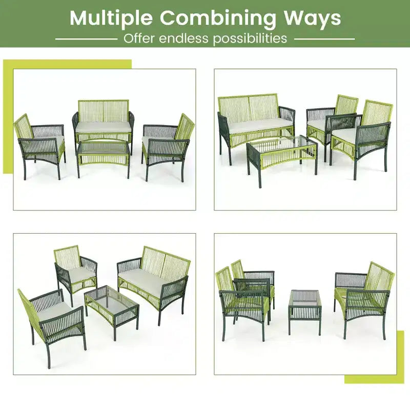 Costway 4PCS/8PCS ronde gesprekset voor de patio van vlechtwerk met kussens en bijzettafel van gehard glas