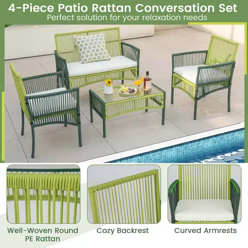 Costway 4PCS/8PCS ronde gesprekset voor de patio van vlechtwerk met kussens en bijzettafel van gehard glas