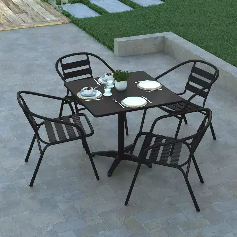 Emma and Oliver 31.5'' Square Aluminum Indoor-Outdoor Table Set with 4 Slat Back Chairs