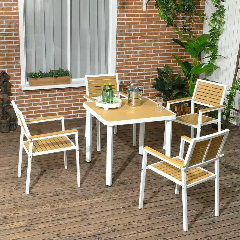 Outsunny 5-teiliges Tisch- und Stuhl-Set für draußen, Aluminium-Ess-Set für die Terrasse für 4 Personen mit HDPE-Materialien, Esstisch mit Sonnenschirmöffnung, gelb